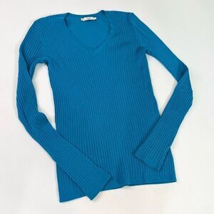 Vince Top Womens Small Blue Bay Ribbed Stretchy Fitted Cashmere Blend Sweater